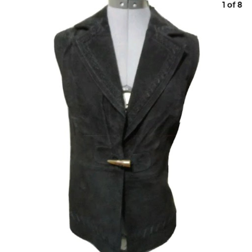 PETER NYGARD Leather Vest women PS Black w/sweater back BRAIDED trim & Toggle